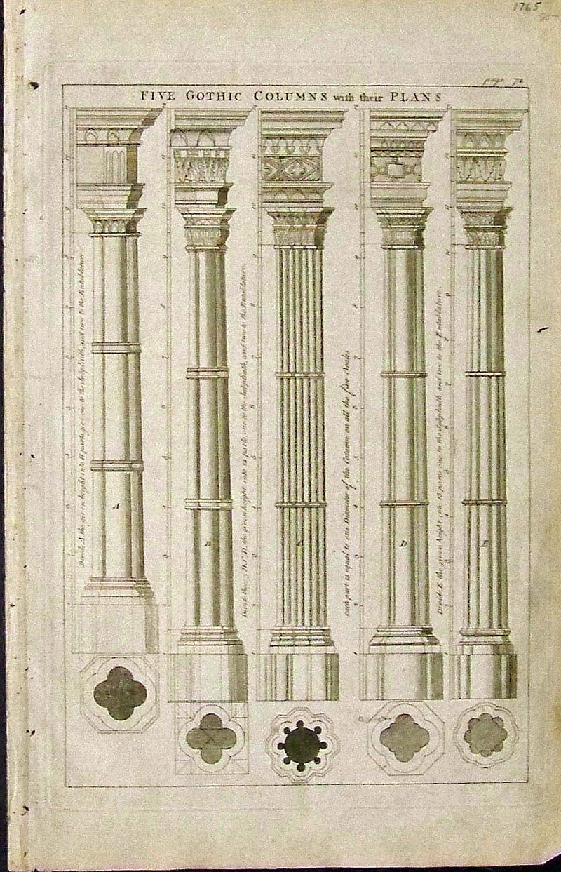 1765 Copper engraving showing Five Gothic Columns and their Plans