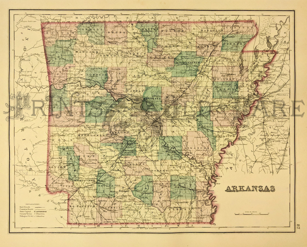 Historical Map of Arkansas A New Map Of Arkansas With Its Canals & Distances Vintage Arkansas Map Roads MP272 Antique map of Arkansas