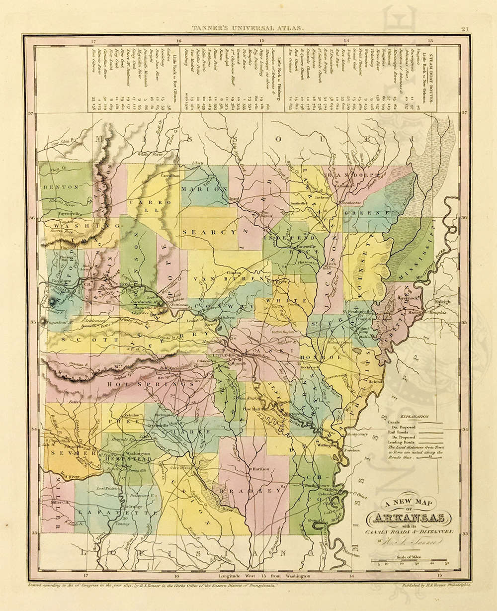 Historical Map of Arkansas A New Map Of Arkansas With Its Canals & Distances Vintage Arkansas Map Roads MP272 Antique map of Arkansas
