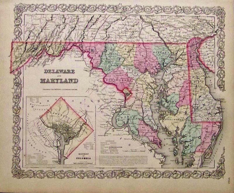 102de: 1876 Colton map of Delaware, Maryland. Engraved map of the two states 