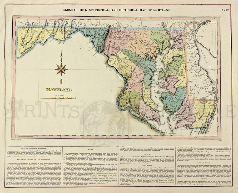 Hand colored engraved map map of maryland and dc. Hand colored engraved map